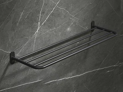 Black Wall Mounted Bathroom Rack With Modern Metal Design On Marble Wall 3d model