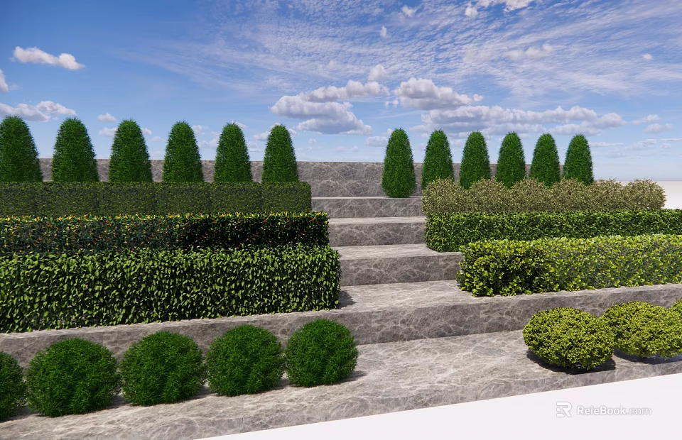 Neatly Trimmed Shrubs in Landscaped Garden with Stone Steps and Blue Sky 3d model 