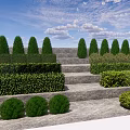 Neatly Trimmed Shrubs in Landscaped Garden with Stone Steps and Blue Sky