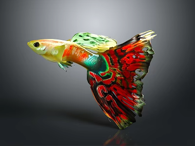 Colorful Guppy Fish With Vibrant Red Green Yellow Fins And Beautiful Patterned Tail 3d model