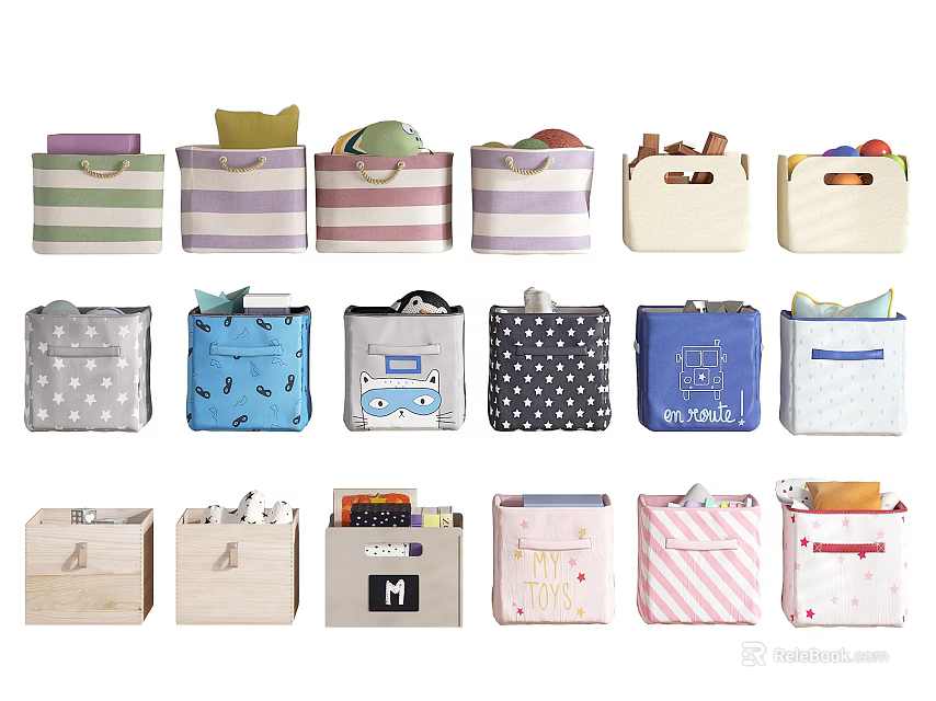 Various Colorful Fabric Storage Baskets With Patterns And Handles For Home Organizing 3d model 