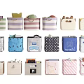 Various Colorful Fabric Storage Baskets With Patterns And Handles For Home Organizing