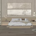 Modern Bedroom Interior With Comfortable Bed Large Decorative Paintings Spherical Lamp Wooden Floor And Rug