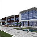 Modern Commercial Street With Glass Facades Storefronts Pedestrian Walkways And Outdoor Greenery