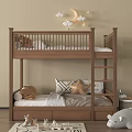 Wooden Bunk Bed in Kids Room with Moon Cloud Wall Decor and Stuffed Toys