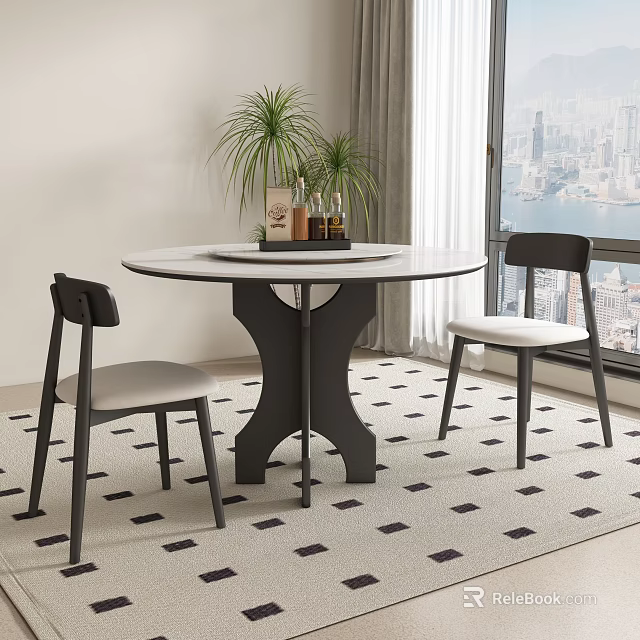 Dining Table Set Round White Tabletop Black Frame Two Chairs Light Cushions On Patterned Rug 3d model 