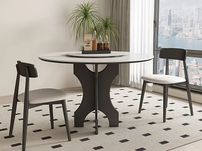 Dining Table Set Round White Tabletop Black Frame Two Chairs Light Cushions On Patterned Rug 3d model