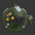 Green Circular Equipment With Yellow Flowers White Label Marks And Scraper Tool