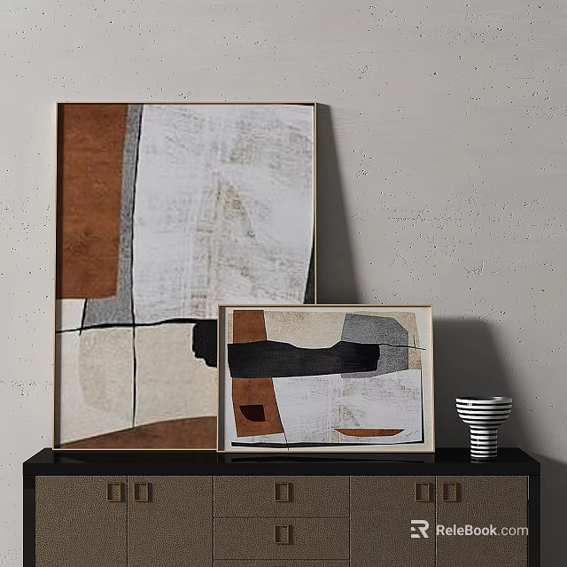 Abstract Paintings In Different Sizes On Dark Cabinet With Striped Vase 3d model 
