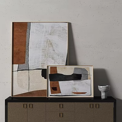 Abstract Paintings In Different Sizes On Dark Cabinet With Striped Vase 3d model