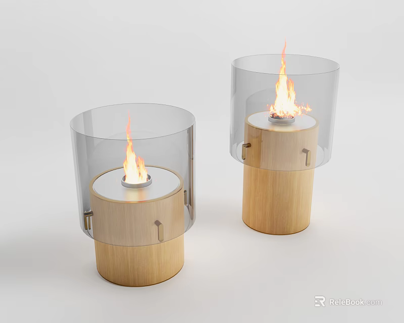 Modern Fireplace With Wooden Base Transparent Glass Cover And Flames 3d model 