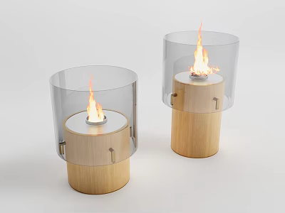 Modern Fireplace With Wooden Base Transparent Glass Cover And Flames 3d model