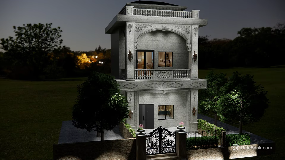Detached Two Story Villa With Elegant Balcony Decorative Porch Wrought Iron Gate Greenery Night Lighting 3d model 