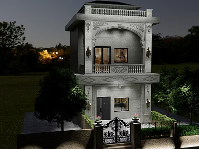 Detached Two Story Villa With Elegant Balcony Decorative Porch Wrought Iron Gate Greenery Night Lighting 3d model