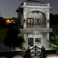 Detached Two Story Villa With Elegant Balcony Decorative Porch Wrought Iron Gate Greenery Night Lighting