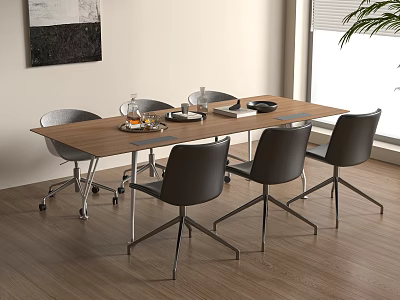 Wooden Conference Table with Black Chairs Tableware Near Window Plant and Wall Painting 3d model