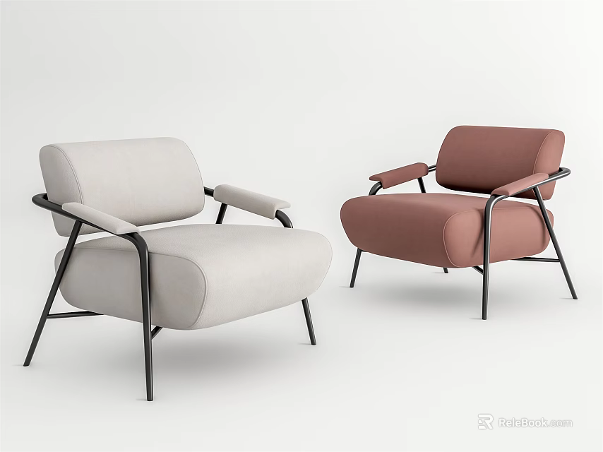 Modern Light Gray And Brown Single Sofa With Black Metal Frame Design 3d model