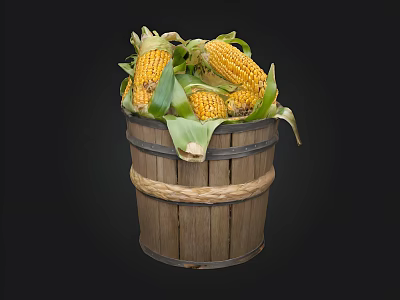 Ripe Yellow Corn Ears in Rustic Wooden Bucket with Fresh Green Leaves 3d model