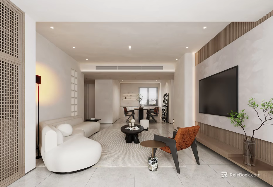 Modern Living And Dining Room Interior Design With White Sofa Coffee Table And TV Wall 3d model 