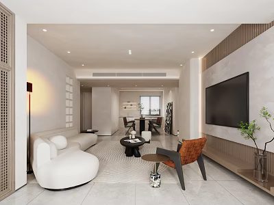 Modern Living And Dining Room Interior Design With White Sofa Coffee Table And TV Wall 3d model