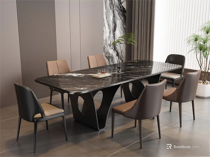 Modern Dining Table Set With Marble Top And Black Brown Chairs With Beige Seats 3d model 