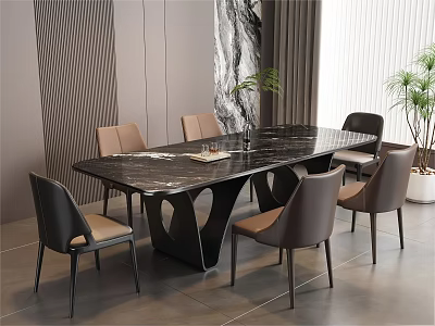 Modern Dining Table Set With Marble Top And Black Brown Chairs With Beige Seats 3d model