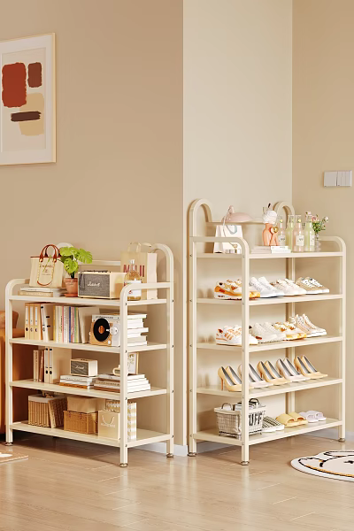 Multi tiered Light Colored Shoe Rack with Shoes Handbags Green Plants Books and Decorative Items 3d model