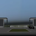 Modern Symmetrical Entrance Gate With White Buildings Large Windows Lawn And Parked Cars