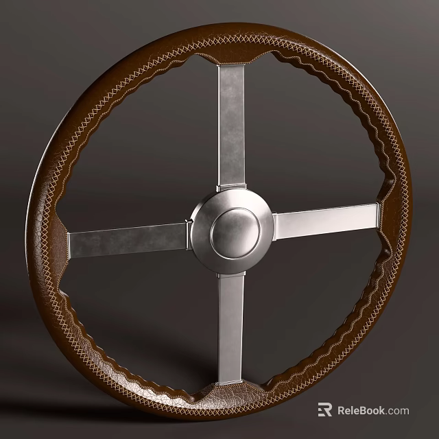 Vintage Steering Wheel With Wooden Rim Metal Spokes And Leather Accents 3d model 