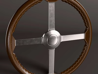 Vintage Steering Wheel With Wooden Rim Metal Spokes And Leather Accents 3d model