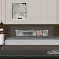 Modern Bedroom Double Bed With Brown Upholstered Headboard White Gray Brown Pillows And Striped Rug