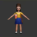 3D Girl Character With Brown Ponytail Yellow Shirt Blue Skirt Holding Orange Cup And Pink Cream