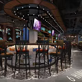 Modern Bar Interior With Curved Wooden Ceiling Lighting Bar Counter Stools TV Screens And Seating Area