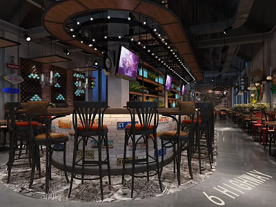 Modern Bar Interior With Curved Wooden Ceiling Lighting Bar Counter Stools TV Screens And Seating Area 3d model