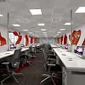 Modern Open Public Office Space With Multiple Workstations White Desks And Red Decorations 3d model