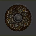 Ornate Circular Shield Featuring Intricate Patterns And Central Metal Sphere 3d model