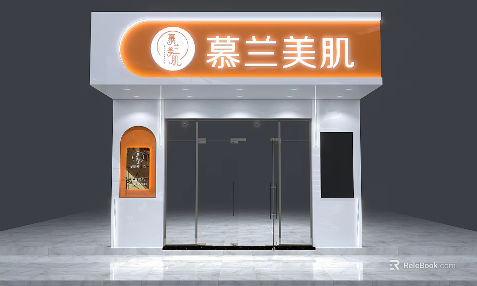 Modern Beauty Skincare Mall Store With Glass Door And Orange Signage 3d model 