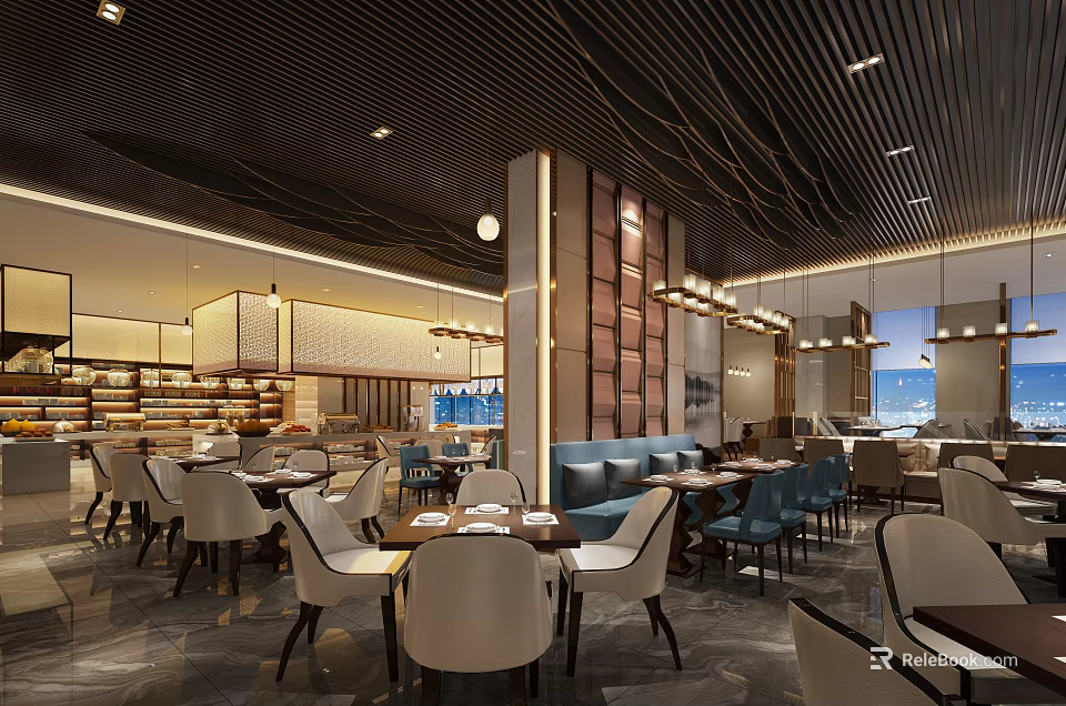 Modern Elegant Restaurant Interior With Dining Tables Chairs Pendant Lights And Sofa Seats 3d model 