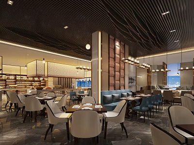 Modern Elegant Restaurant Interior With Dining Tables Chairs Pendant Lights And Sofa Seats 3d model