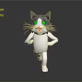 Cartoon Gray And White Cat With Green Eyes Running Open Mouth On Gray Background
