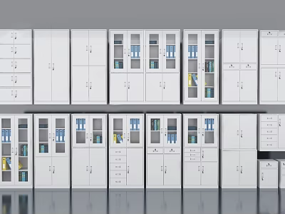 Modern White Bookcase Design With Glass Doors And Multiple Storage Shelves 3d model