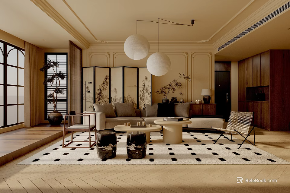 Elegant Living Room With Paneled Walls Pendant Lights Chinese Screen Grey Sofa And Checkered Rug 3d model 