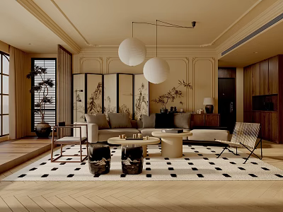 Elegant Living Room With Paneled Walls Pendant Lights Chinese Screen Grey Sofa And Checkered Rug 3d model