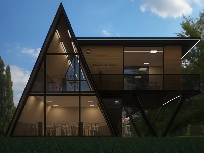 Modern Mall Café With Triangle Roof Glass Walls Wooden Structure Green Lawn Trees And Tables 3d model