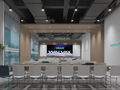 Modern Conference Room With Gray Chairs Large Screen Glass Walls Wooden Decor And Ceiling Lights 3d model