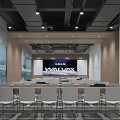 Modern Conference Room With Gray Chairs Large Screen Glass Walls Wooden Decor And Ceiling Lights