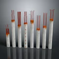 White Cylindrical Objects With Red Filaments On Top And Orange Base Arranged In Row 3d model