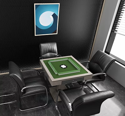 Entertainment Table With Green Tabletop Circular Center Design Four Black Leather Chairs Black Wall Background 3d model