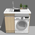 Modern Bathroom Cabinet Rack With White Countertop Faucet Small Potted Plants And Washing Machine