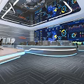 Modern Service Hall Featuring Large Digital Screens Data Visualization Workstations And Conference Tables